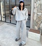 韩国定制2023新秋季女士连帽卫衣抽绳卫裤休闲俩件套装灰色潮