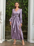 法式复古v领蕾丝连衣裙女秋季收腰显瘦气质高级感长袖茶歇裙