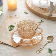 复古浮雕刻花玻璃杯碟下午茶杯，水杯咖啡杯子，家用欧式茶具宫廷风