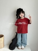 小苹果2024春夏韩国版男女童，宝宝百搭红色字母，短袖t恤儿童打底衫