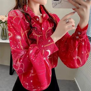 印花雪纺灯笼袖防晒衬衫，女夏季2023年韩版设计感小众宽松上衣