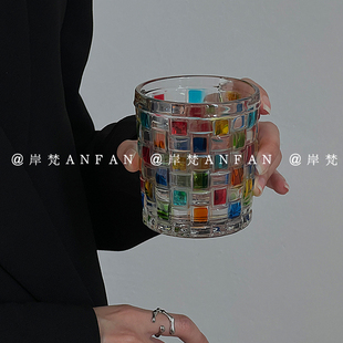 岸梵 bling手绘方格玻璃水杯家用高档编织果汁饮料杯透明冷饮杯子