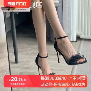 35-43码大码露趾一字带，扣凉鞋女41仙女，风百搭黑色蕾丝细跟高跟鞋