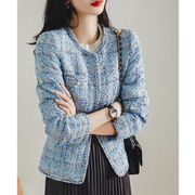 蓝色高级感羊毛呢子，小香风外套女短款春秋装，法式气质别致上衣