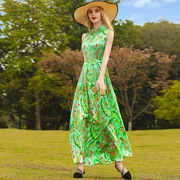 帝弗润驰23夏法式复古绿色印花连衣裙女气质修身过膝雪纺长裙