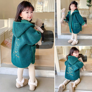 韩国女童秋冬厚外套儿童时髦羊羔绒上衣中小童中长款连帽毛呢大衣