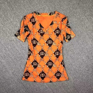橙色小衫女网纱时尚品牌百搭气质t恤女士，上衣时髦洋气女装打底衫