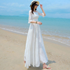 白色仙女连衣裙女夏季长款雪纺大摆长裙方领显瘦绣花度假沙滩长裙