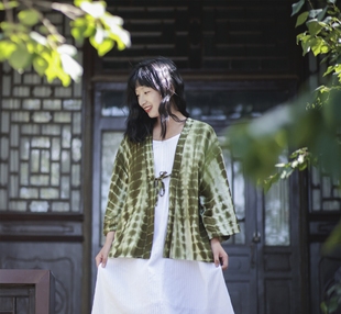 丘山独立设计草绿色扎染开衫外搭新中式文艺禅意上衣日式和风羽织