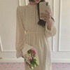 2024春夏韩国东大门高领，长袖重工蕾丝刺绣，长款气质仙女连衣裙