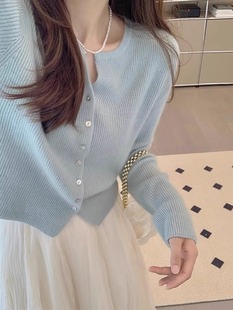 韩系温柔慵懒风天蓝色毛衣外套圆领，设计感小众针织开衫女早春外搭