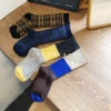 韩版冬季儿童棉袜复古格子撞色双路双针反面无线头中筒袜堆堆袜