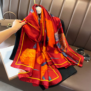 中国风红色绸缎花卉丝巾，女夏季薄款防晒披肩围巾两用超大纱巾百搭