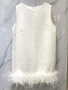 香槟名媛聚会 2022秋季设计感高级圆领无袖鸵鸟毛拼接连衣裙