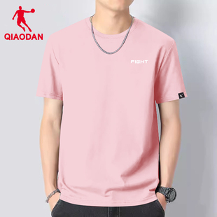 乔丹短袖t恤男款夏季运动上衣，圆领宽松大码体恤衫粉色棉半袖