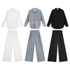中式拼接假两件长袖，雪纺衬衫灰色型高腰休闲裤，套装时尚休闲洋气