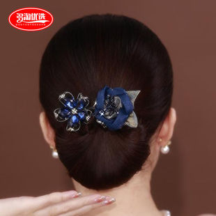 水晶头花蓝色玫瑰盘，发器女后脑勺花朵发夹，甜美气质扭扭夹头饰