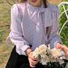 韩国chic春季温柔风，半高领蝴蝶结系带，泡泡袖波点雪纺衬衫女