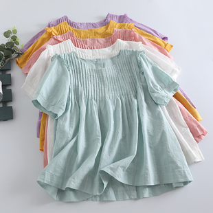 夏季短袖娃娃衫女气质风琴褶设计感背后扣子纯色圆领衬衫上衣