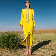 7059亮黄色手缝钻拼接金织带连衣裙中东摩洛哥女装文艺复古民族风