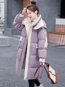紫色连帽中长款羽绒棉服，女2023冬季大口袋，加厚保暖棉衣棉服潮