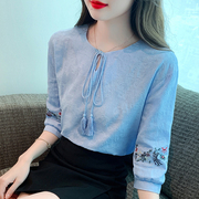 棉麻刺绣蓝色短袖衬衫，女夏装2023纯棉别致上衣小众设计感衬衣
