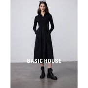 Basic House/百家好长袖针织连衣裙女2024春装轻奢法式a字裙