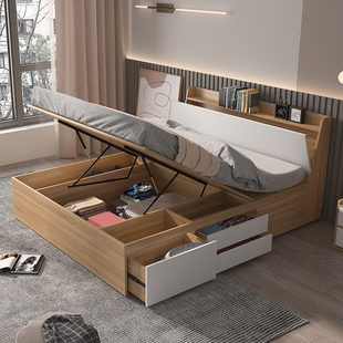 现代简约卧室板式收纳双人床，气动高箱储物床定制抽屉床1.5m榻榻米