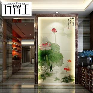 中式玄关背景墙瓷砖雕刻壁画微晶石，过道走廊背景墙，拼花餐厅墙荷花