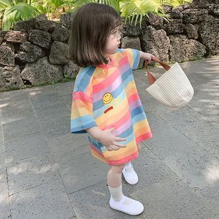 2024夏季童装韩版女童条纹彩虹中长款短袖T恤儿童连衣裙