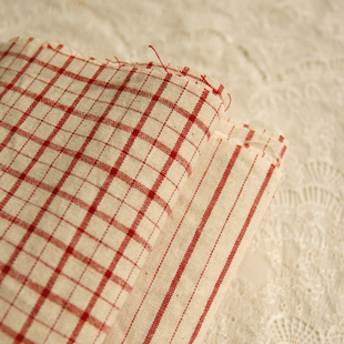 popohouse复古红麻色格子条纹，色织棉布料，日式zakka桌布连衣裙包袋