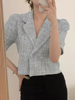 韩国chic夏季气质小香风西装领双排扣混色编织宽松百搭短款外套女