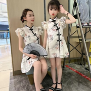 女童新中式国风旗袍，套装2024夏季盘扣连衣裙吊带，短裤三件套潮