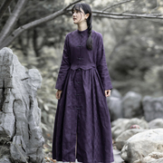 知笔墨2021年秋季复古中式手工盘扣，收腰紫色连衣裙显瘦加厚长裙