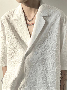 网红很仙的白衬衫男设计款深v领短袖上衣，轻熟风古巴领衬衣薄外套