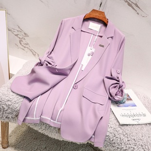 春夏韩版天丝雪纺小西装外套，女薄款紫色七分袖显瘦西服女上衣