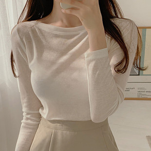 韩国东大门女装纯色简约一字，领亲肤柔软薄款微透性感长袖t恤