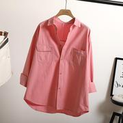 2023女装夏季长袖棉质，长袖衬衫宽松口袋，休闲韩版粉红色