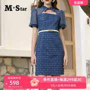 M-Star明星系列拼接蕾丝牛仔连衣裙女小个子显瘦显高小短裙