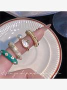 法式珐琅花朵戒指时尚珍珠小兔子食指戒小众设计高级感仿玉石指环