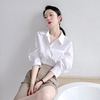 白色衬衫女夏款半袖设计感小众高级感职业法式泡泡，袖宽松中袖衬衣