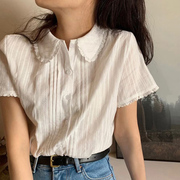 夏季女装韩版批发设计感小众蕾丝减龄衬衣薄款短袖娃娃领衬衫