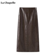 拉夏贝尔/La Chapelle秋冬复古包臀裙高腰前开叉皮裙半身裙女