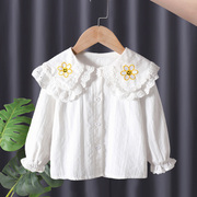 女童蕾丝娃娃领衬衫，纯棉婴儿上衣1-6岁小女孩，长袖春秋款白色衬衣