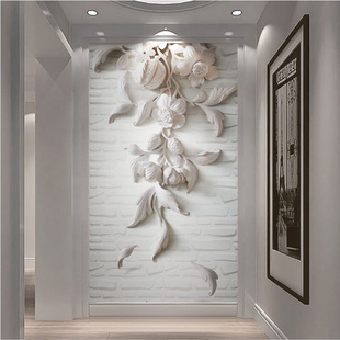 3d立体白色欧式浮雕砖玄关，过道背景墙浪漫石膏雕花墙纸壁画