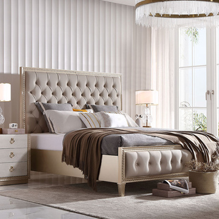 美式轻奢床1.8m实木主卧大床现代简约头层皮软包欧式婚床