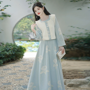 新中式清冷感民国风蓝色，旗袍年轻款高级感小洋装两件套装裙秋冬