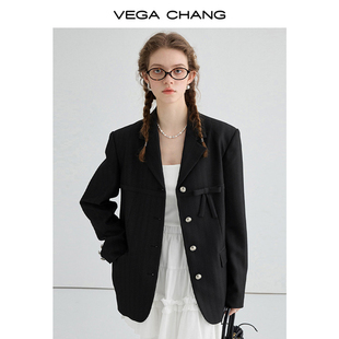 vegachang黑色小西装，女2024年春季高级感暗纹蝴蝶结西服外套