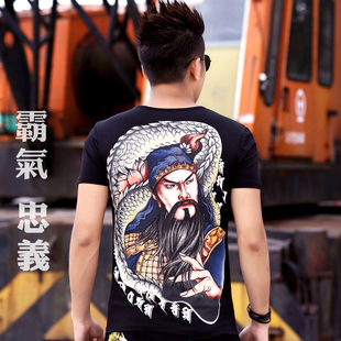 中国风夏季圆领印花桖男短袖t恤 关公图案霸气纹身衣服大码半截袖