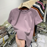 紫色t恤女短袖修身显瘦2024夏季正肩上衣美式复古体恤潮